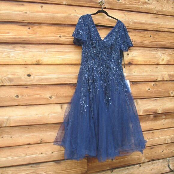 Mac Duggal 10806 Womens EMBELLISHED FLUTTER SLEEVE TEA-LENGTH DRESS - Picture 6 of 15